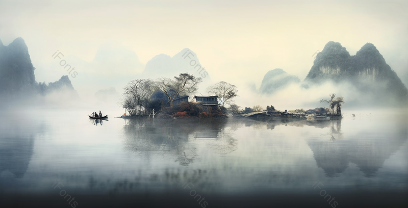 湖心小岛房屋倒影水墨画,插画/手绘图,插画/手绘图库,插画/手绘图下载,插画/手绘